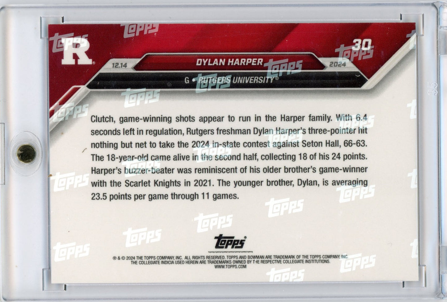 2024 Topps Bowman U Now Dylan Harper #30 Purple #/25 Rutgers Scarlet Knights Rookie RC Basketball Card