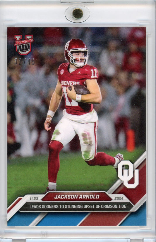 2024 Topps Bowman U Now Jackson Arnold #46 Blue #/49 Oklahoma Sooners Rookie RC Football Card