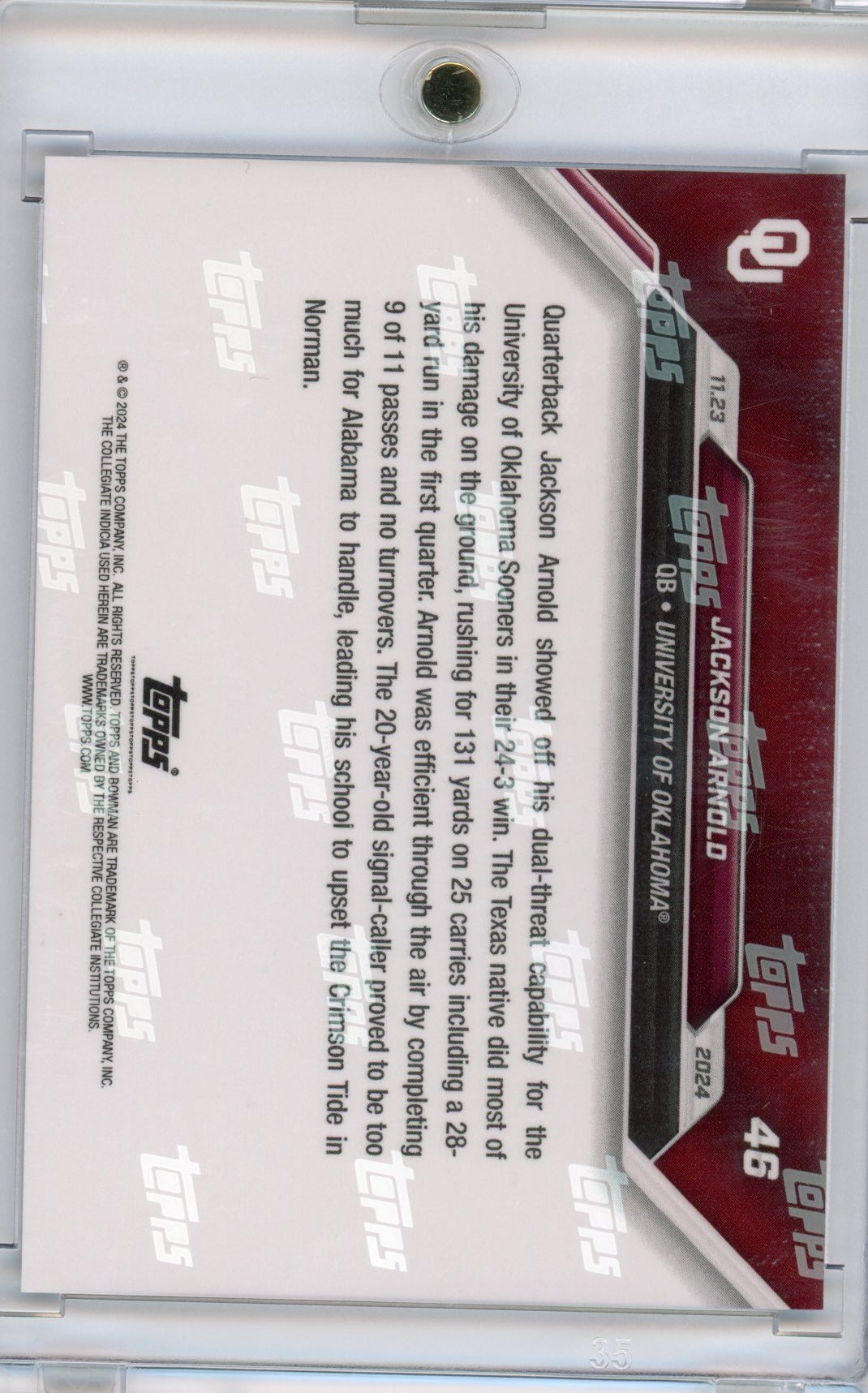 2024 Topps Bowman U Now Jackson Arnold #46 Blue #/49 Oklahoma Sooners Rookie RC Football Card