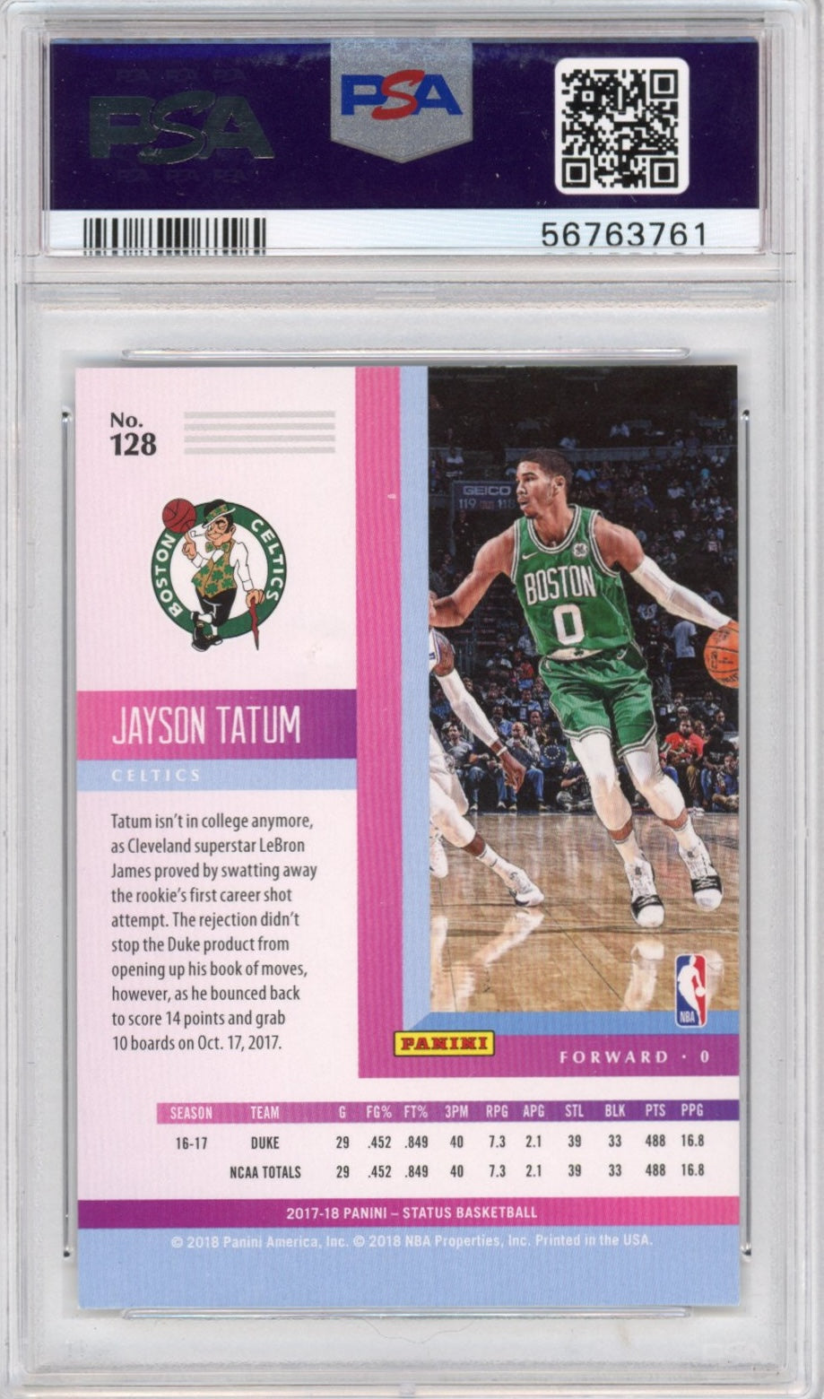 Graded 2017-18 Panini Status Jayson Tatum #128 Rookie RC Basketball Card PSA 10 Gem Mint