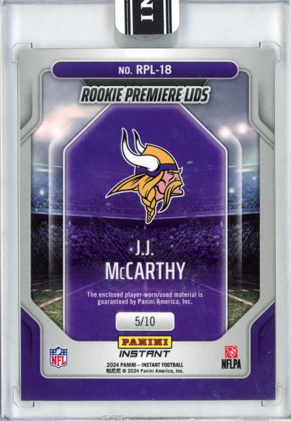 2024 Panini Instant JJ McCarthy #RPL-18 Rookie Premiere Lids #/10 Rookie RC Football Card