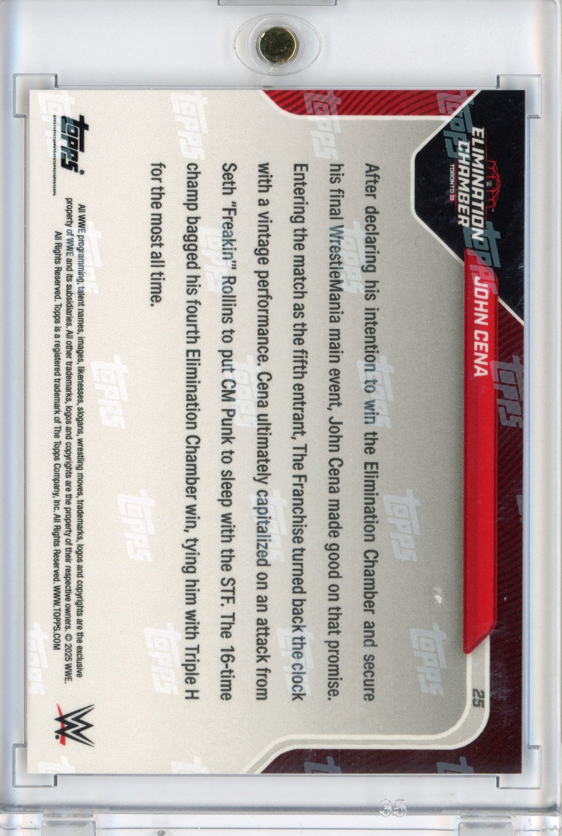 2025 Topps Now WWE John Cena #25 Orange #/25 4th & Final Elimination Chamber Win Wrestling Card