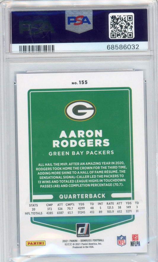 Graded 2021 Panini Donruss Aaron Rodgers #155 Variation Press Proof Blue Football Card PSA 10 Gem Mint