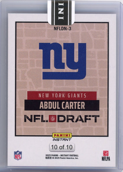 2025 Panini Instant NFL Abdul Carter #DN3 Draft Night Red /10 Rookie RC Football Card