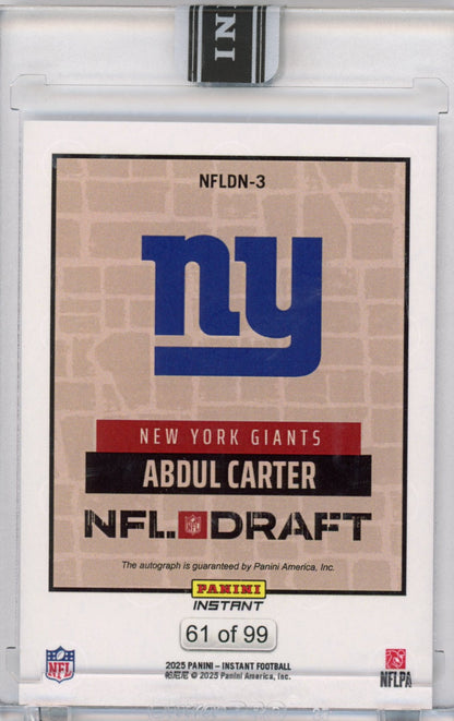 2025 Panini Instant NFL Abdul Carter #DN3 Draft Night Auto /99 Rookie RC Football Card
