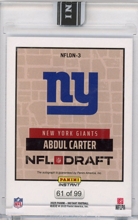 2025 Panini Instant NFL Abdul Carter #DN3 Draft Night Auto /99 Rookie RC Football Card