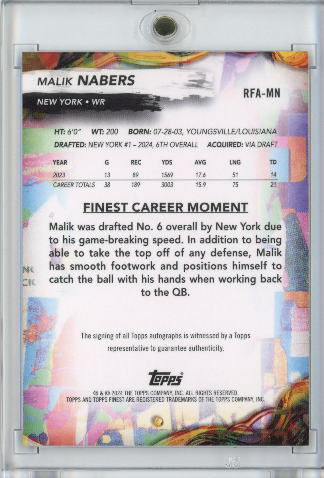 2024 Topps Finest Malik Nabers #RFAMN Autograph Rookie RC Football Card