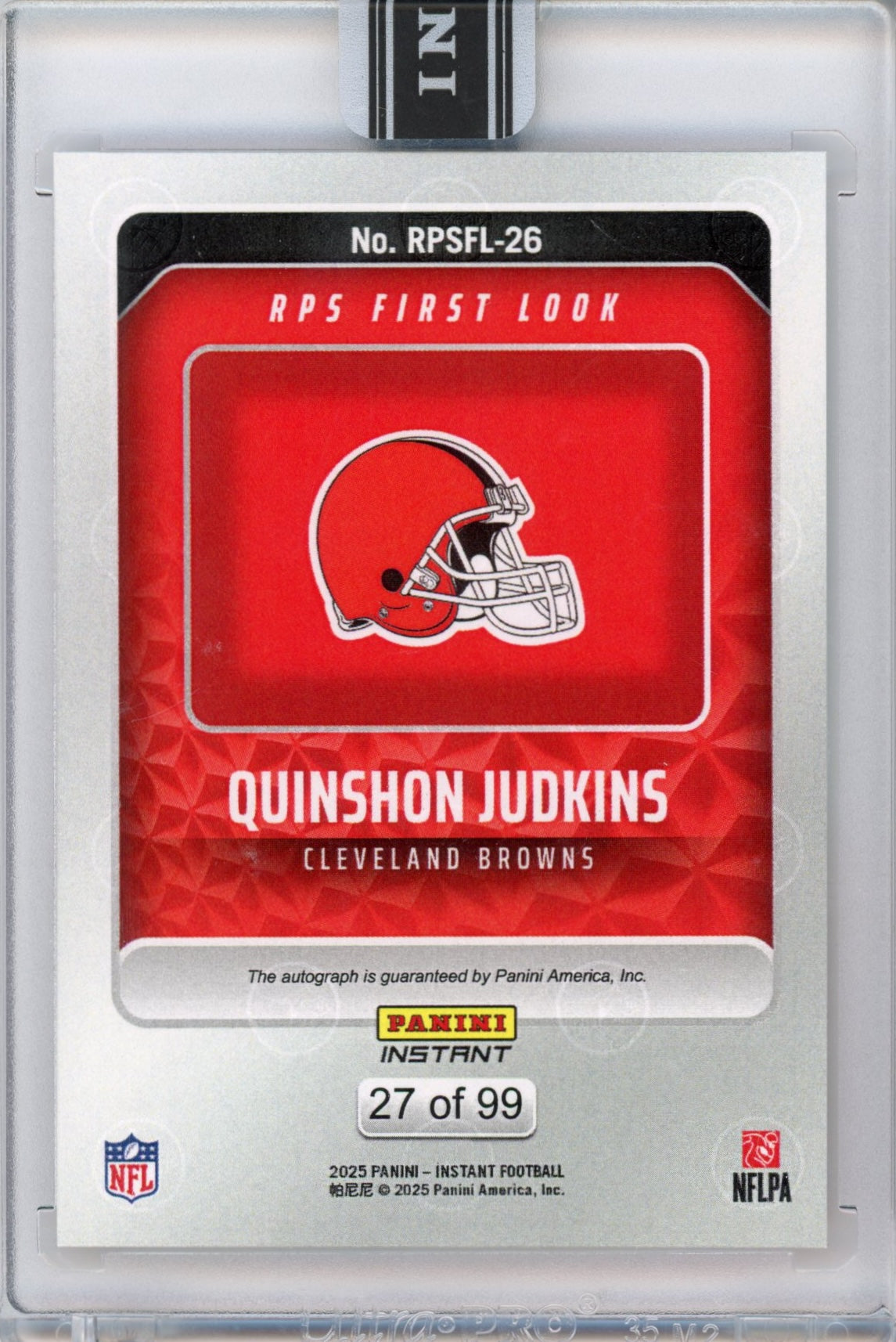 2025 Panini Instant NFL Quinshon Judkins #26 RPS First Look Auto /99 Rookie RC Football Card