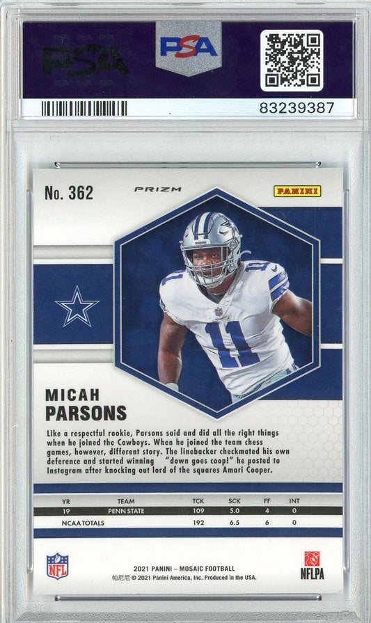 Graded 2021 Panini Mosaic Micah Parsons #362 Reactive Blue Rookie RC Football Card PSA 10 Gem Mint