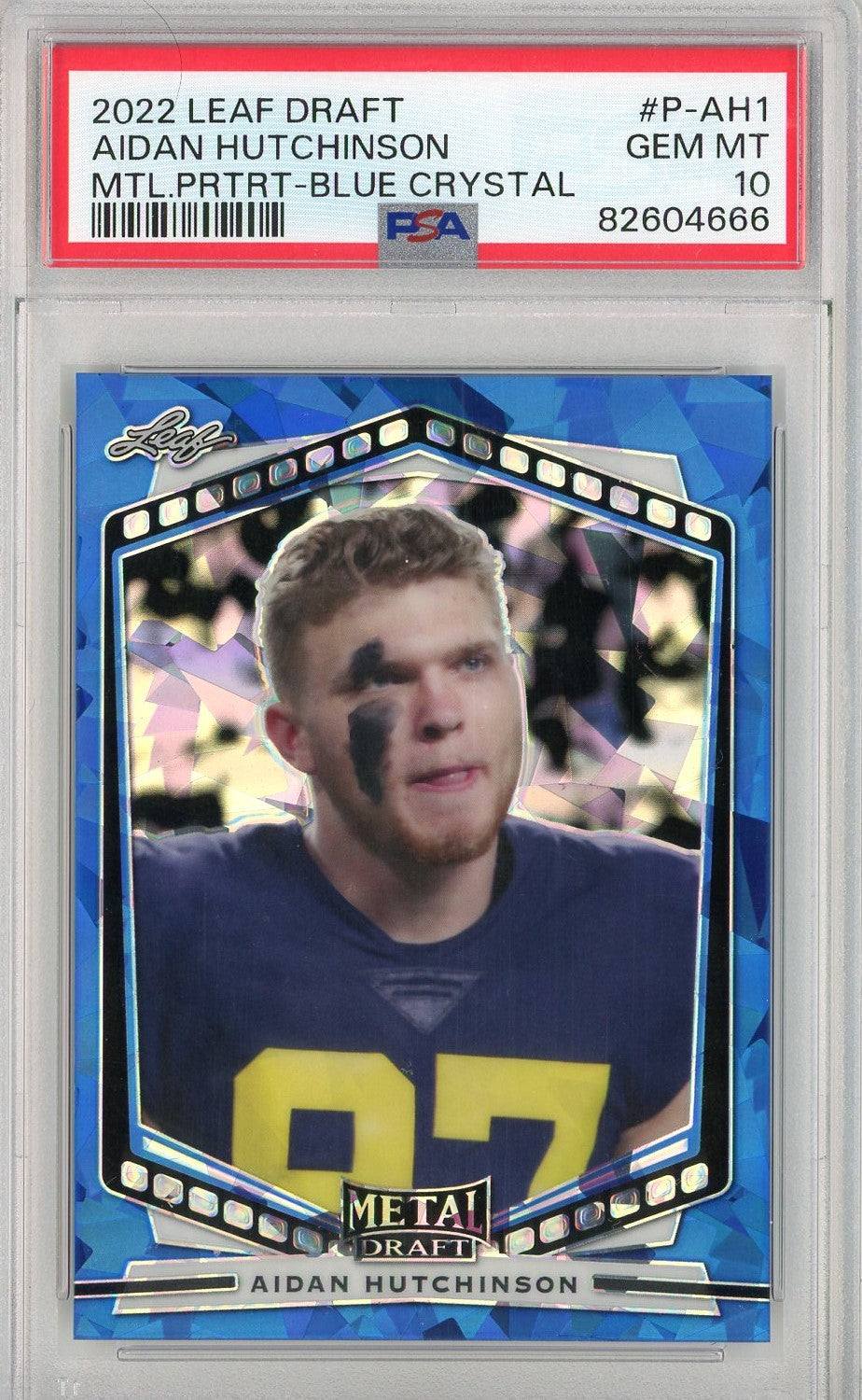 Graded 2022 Leaf Draft Aidan Hutchinson #PAH1 MTL PRT Blue Crystal Rookie RC Football Card PSA 10