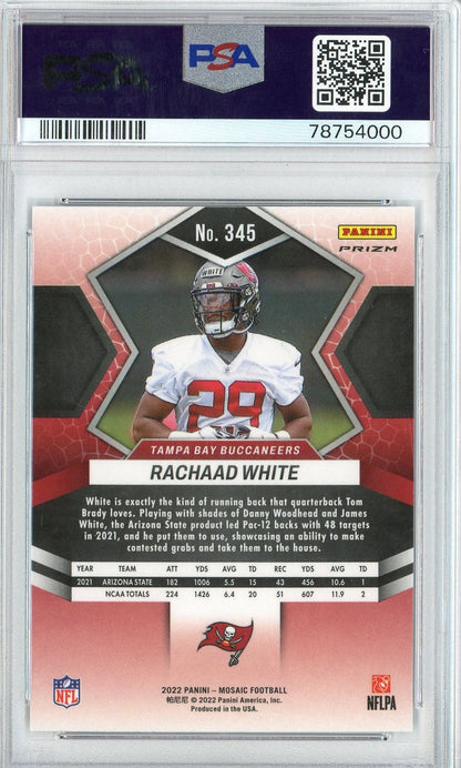 Graded 2022 Mosaic Rachaad White #345 Blue Sparkle Rookie RC Football Card PSA 10 Gem Mint