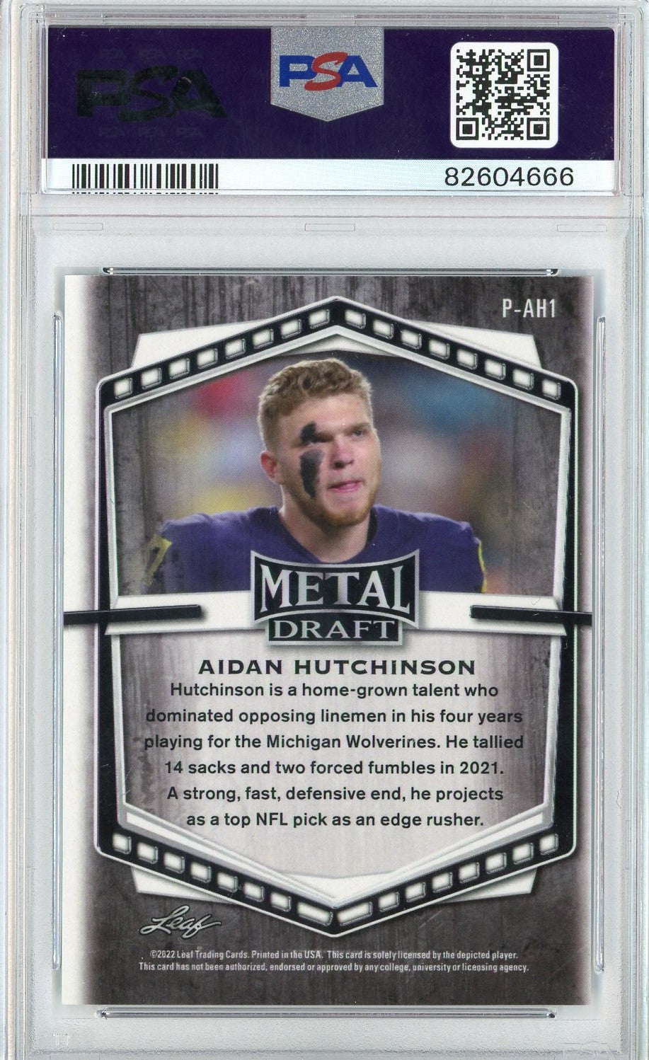 Graded 2022 Leaf Draft Aidan Hutchinson #PAH1 MTL PRT Blue Crystal Rookie RC Football Card PSA 10