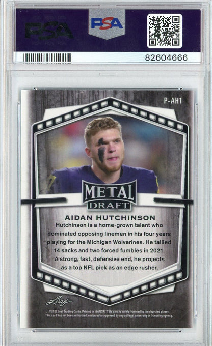 Graded 2022 Leaf Draft Aidan Hutchinson #PAH1 MTL PRT Blue Crystal Rookie RC Football Card PSA 10