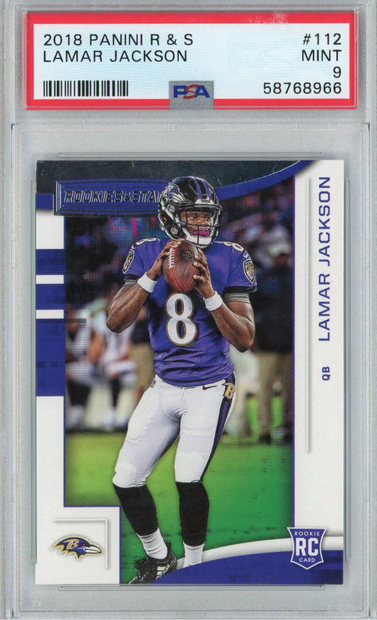 Graded 2018 Panini Rookies & Stars Lamar Jackson #112 Rookie RC Football Card PSA 9 Mint