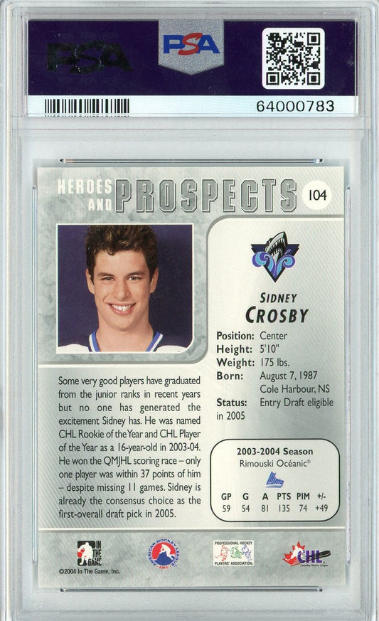 Graded 2004 In The Game Sidney Crosby #104 Heros & Prospects Rookie RC Hockey Card PSA 10 Gem Mint