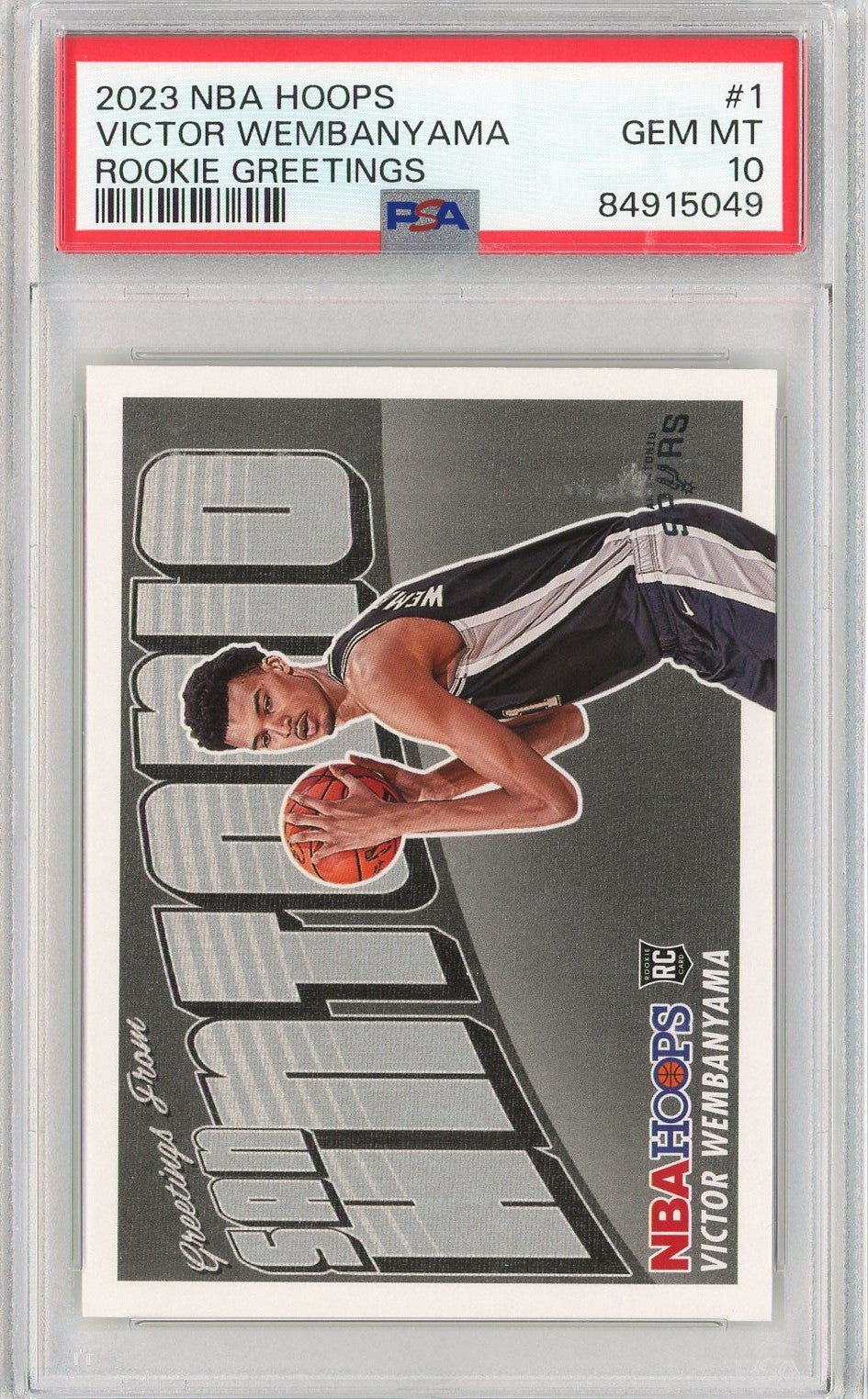 Graded 2023 Panini NBA Hoops Victor Wembanyama #1 Rookie Greetings Rookie RC Basketball Card PSA 10 Gem Mint