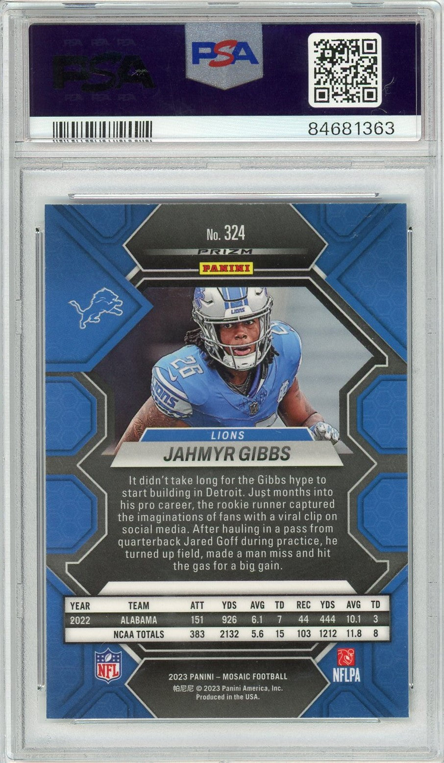 Graded 2023 Mosaic Jahmyr Gibbs #324 Mosaic Rookie RC Football Card PSA 10 Gem Mint