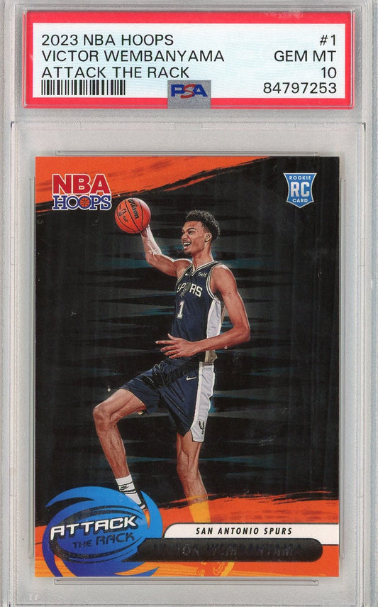 Graded 2023 Panini NBA Hoops Victor Wembanyama #1 Attack The Rack Rookie RC Basketball Card PSA 10 Gem Mint