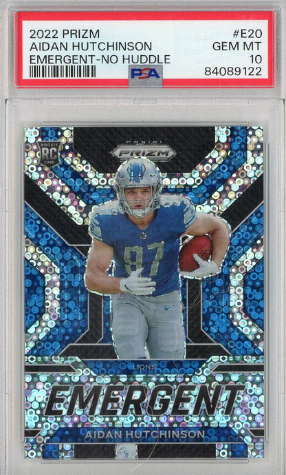 Graded 2022 Prizm Aidan Hutchinson #E20 Emergent No Huddle Rookie RC Football Card PSA 10