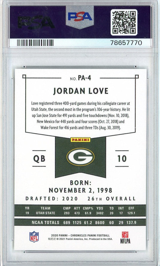 Graded 2020 Panini Chronicles Jordan Love #PA4 Panini Rookies RC Football Card PSA 10 Gem Mint