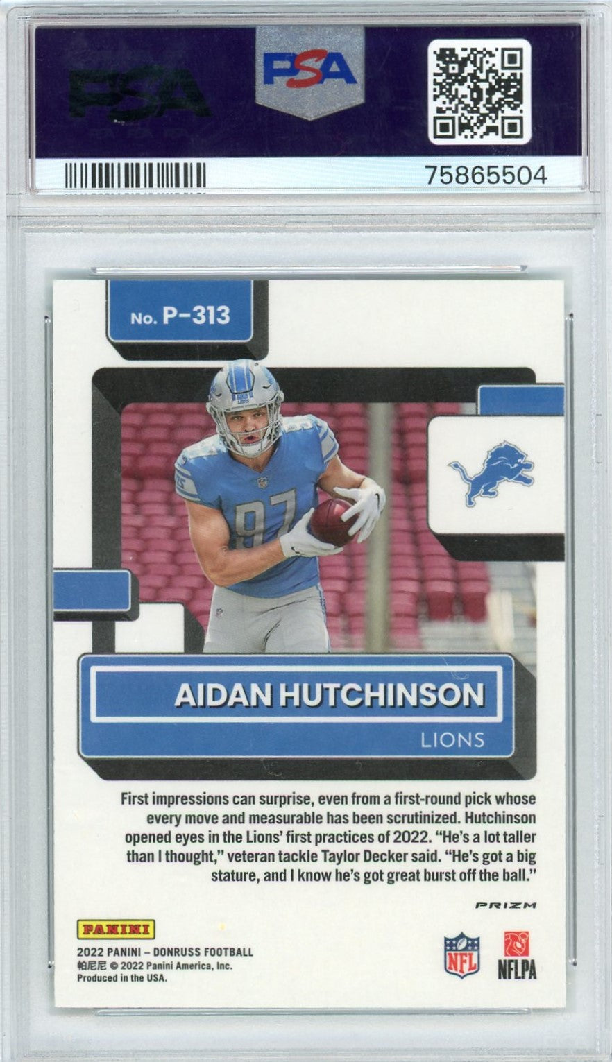 Graded 2022 Panini Donruss Aidan Hutchinson #P313 Optic Green Mojo Rookie RC Football Card PSA 10 Gem Mint