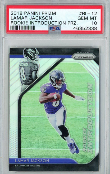 Graded 2018 Panini Prizm Lamar Jackson #RI-12 Rookie Introduction Rookie RC Football Card PSA 10 Gem Mint