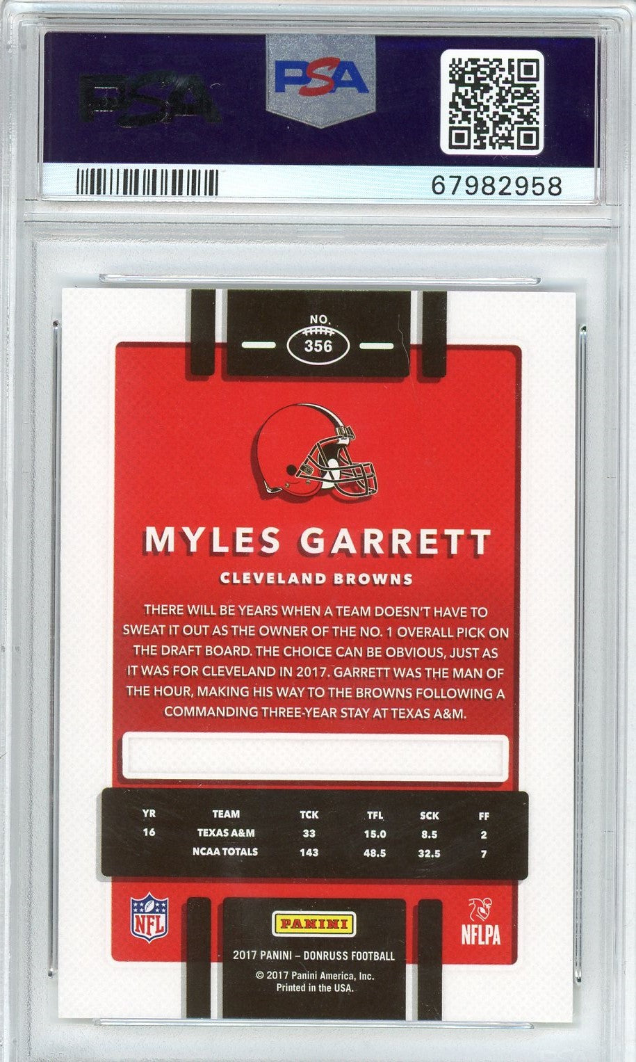 Graded 2017 Panini Donruss Myles Garrett #356 Rookie RC Football Card PSA 10 Gem Mint