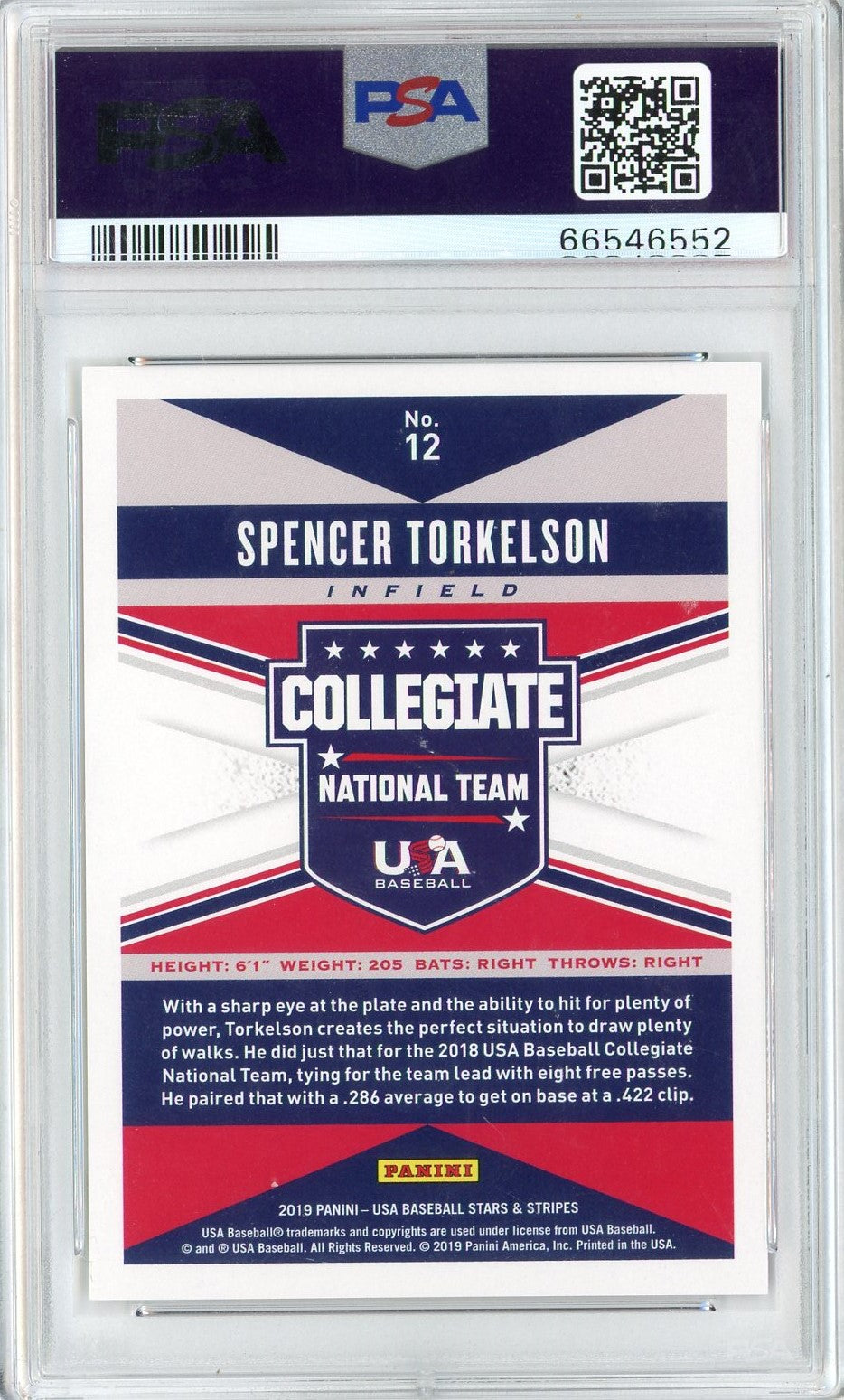 Graded 2019 Panini Stars & Stripes USA Spencer Torkelson #12 Rookie RC Baseball Card PSA 10 Gem Mint