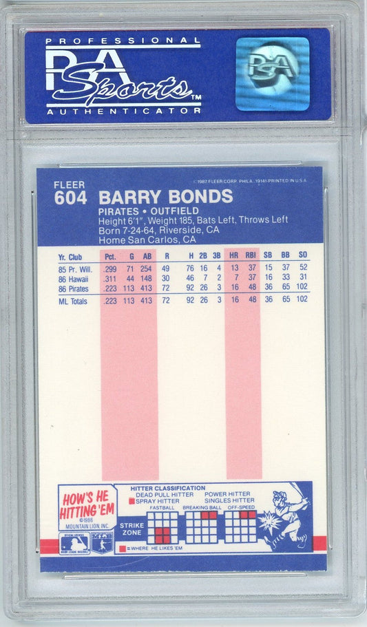 Graded 1987 Fleer Barry Bonds #604 Rookie RC Baseball Card PSA 9 Mint