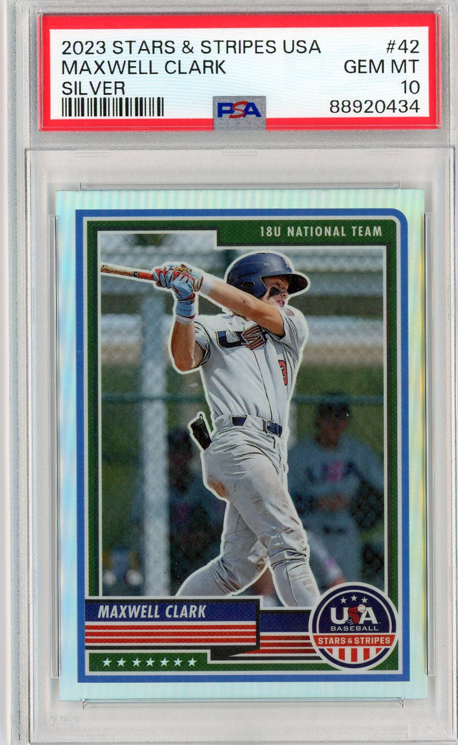 Graded 2023 Panini Stars & Stripes USA Max Clark #42 Silver Rookie RC Baseball Card PSA 10 Gem Mint