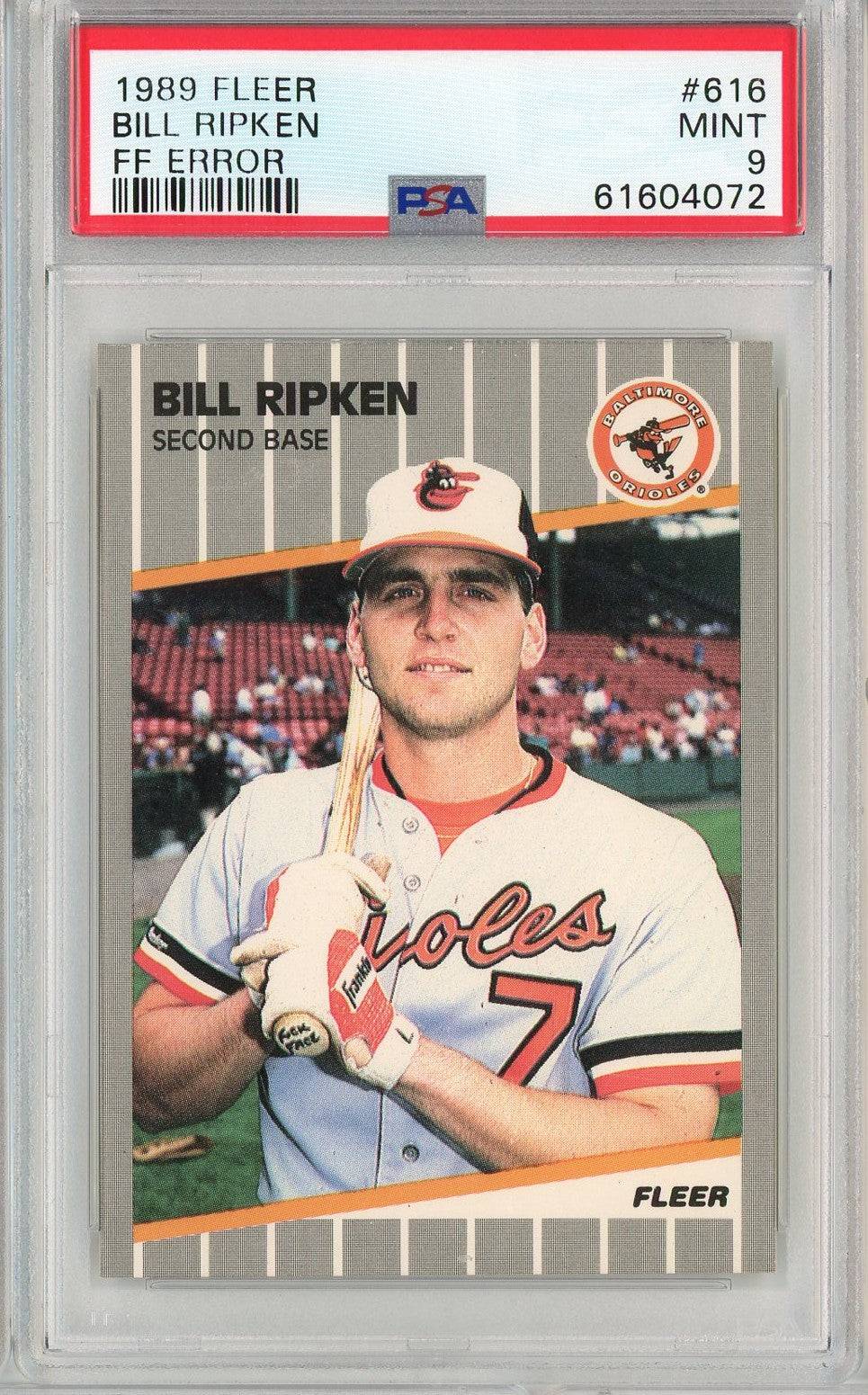 Graded 1989 Fleer Bill Ripken #616 FF Error Baseball Card PSA 9 Mint