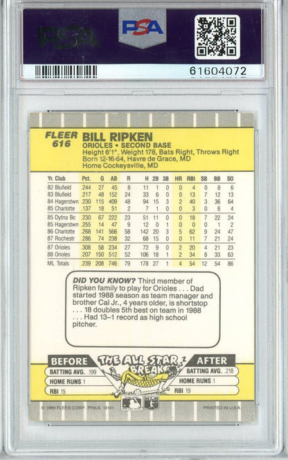Graded 1989 Fleer Bill Ripken #616 FF Error Baseball Card PSA 9 Mint