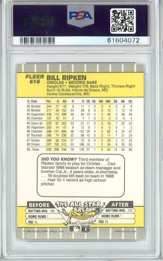 Graded 1989 Fleer Bill Ripken #616 FF Error Baseball Card PSA 9 Mint