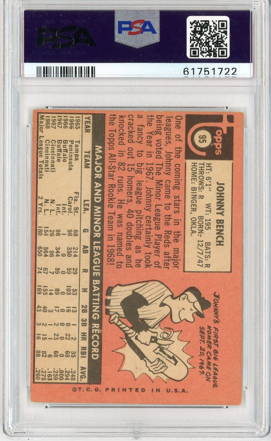 Graded 1969 Topps Johnny Bench #955555 All-Star Rookie Cup RC Baseball Card PSA 4 VG-EX