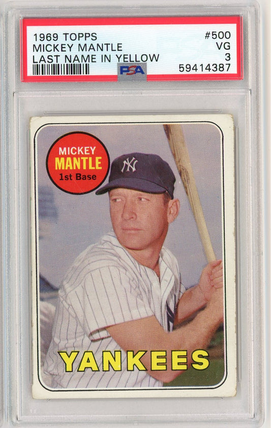 Graded 1969 Topps Mickey Mantle #500 Last Name in Yellow Baseball Card PSA 3 Very Good