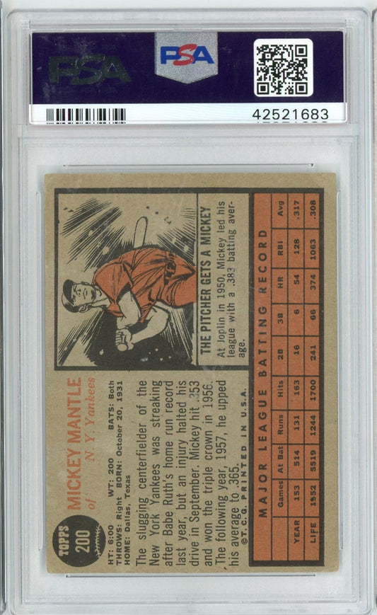Graded 1962 Topps Mickey Mantle #200 Baseball Card PSA 2 Good
