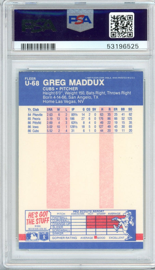 Graded 1987 Fleer Update Greg Maddux #U68 Rookie RC Baseball Card PSA 9 Mint