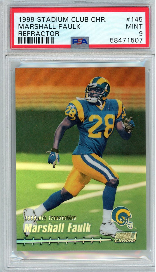 Graded 1999 Stadium Club Chrome Refractor Marshall Faulk #145 Football Card PSA 9 Mint