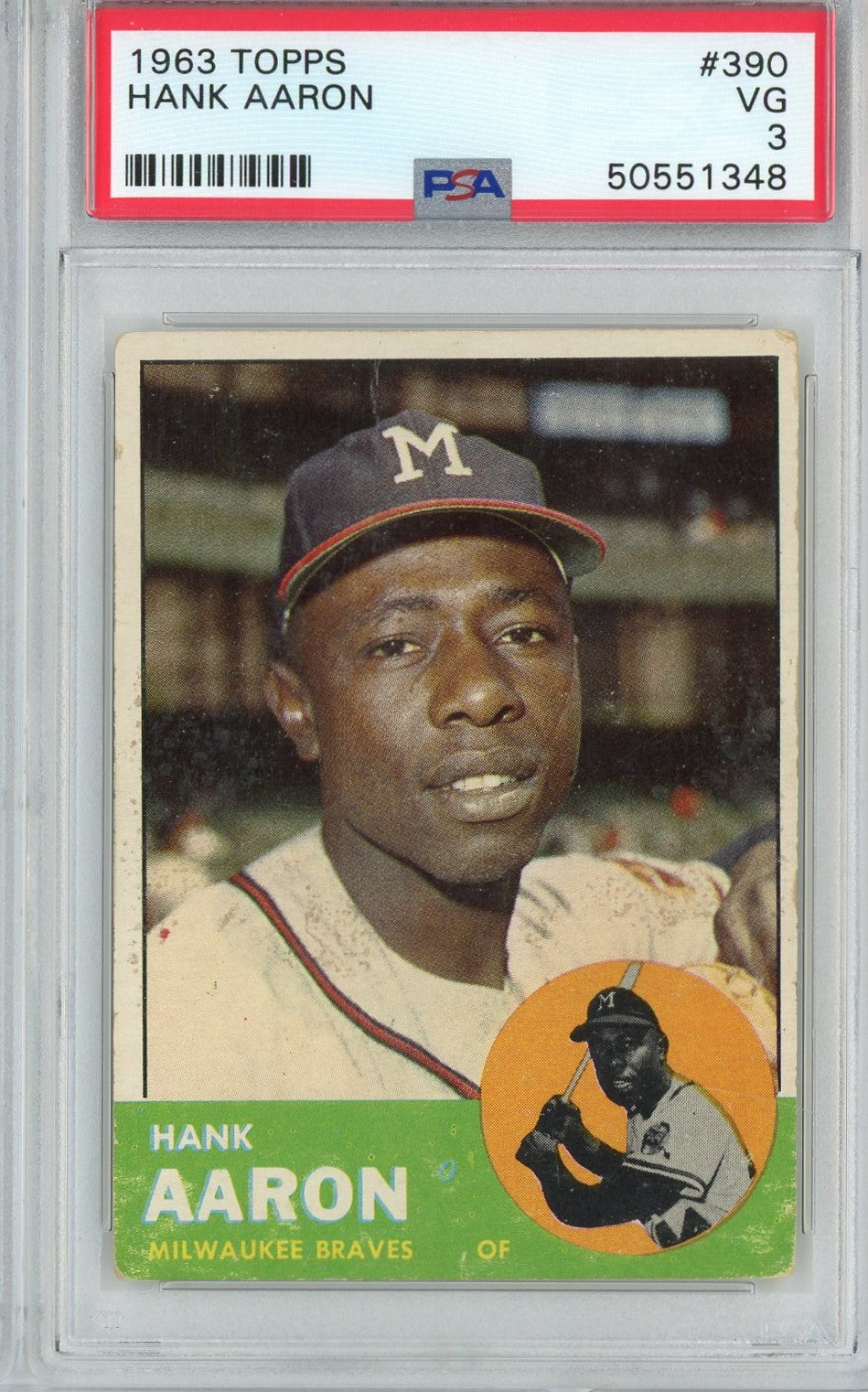 Graded 1963 Topps Hank Aaron #390 Baseball Card PSA 3 Very Good
