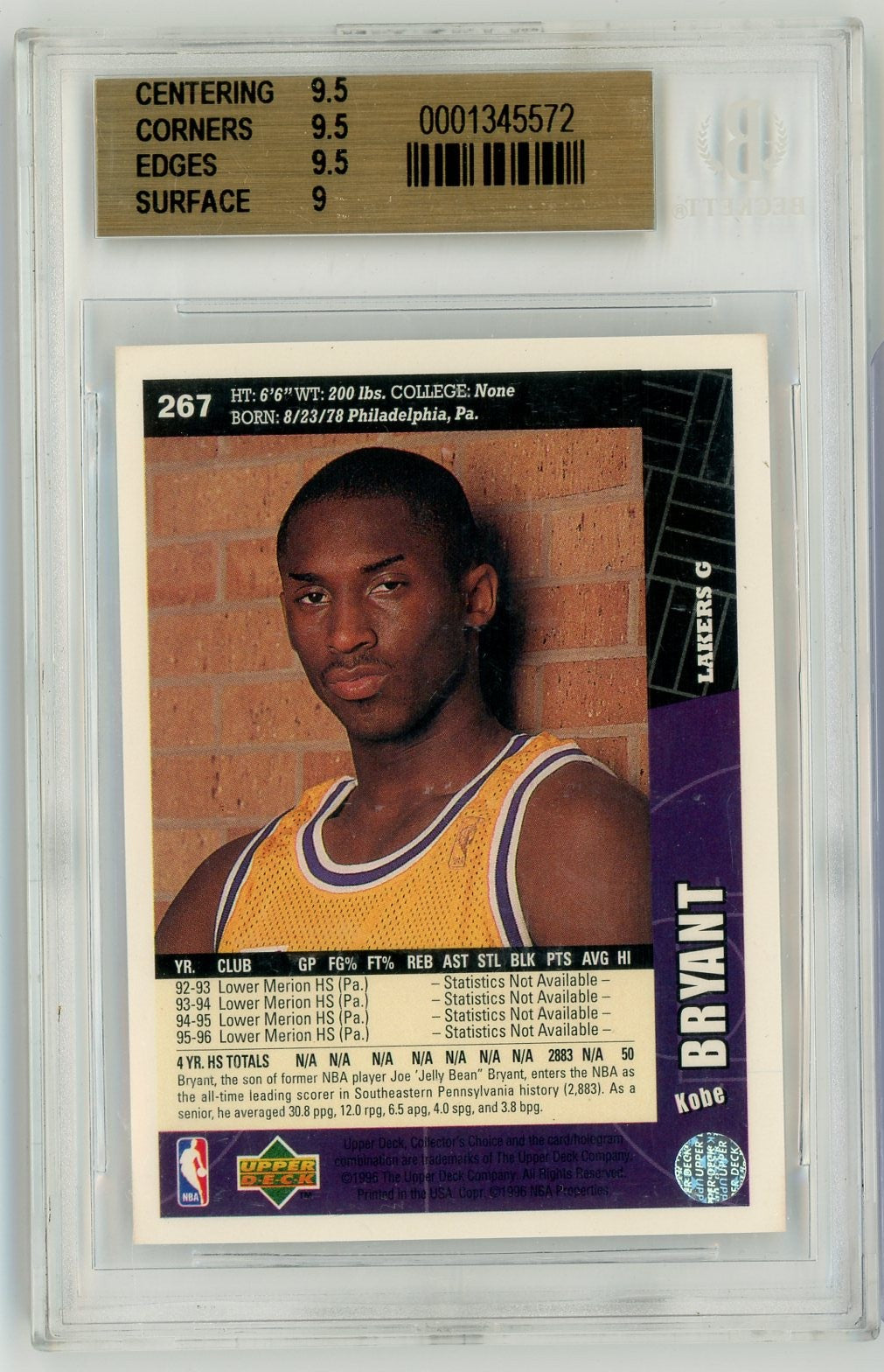 Graded 1996-97 Collector's Choice Kobe Bryant #267 Rookie RC Basketball Card BGS 9.5 Gem Mint