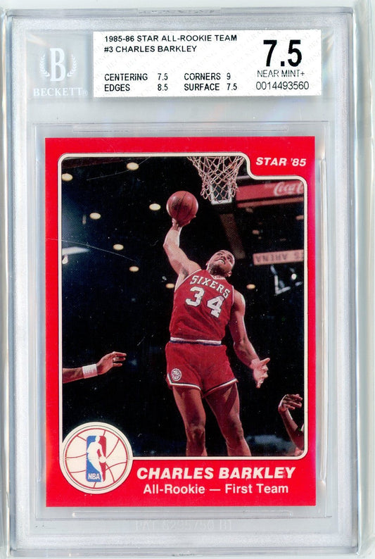 Graded 1985 Star Charles Barkley #3 Rookie RC Basketball Card BGS 7.5 Near Mint+