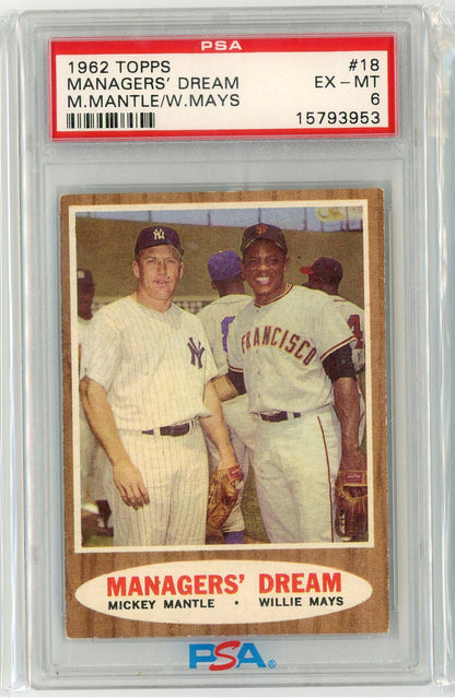 Graded 1962 Topps Managers' Dream Mickey Mantle Willie Mays #18 Baseball Card PSA 6 EX-MT