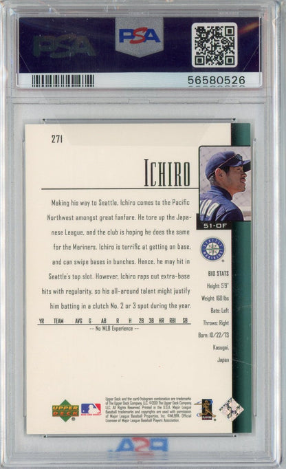Graded 2001 Upper Deck Ichiro Suzuki #271 Rookie RC Baseball Card PSA 8 NM-MT