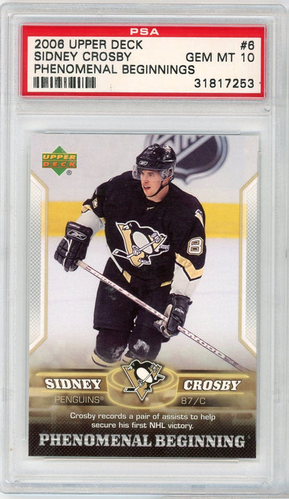 Graded 2005-06 Upper Deck Sidney Crosby #6 Phenomenal Beginnings Rookie RC Hockey Card PSA 10 Gem Mint