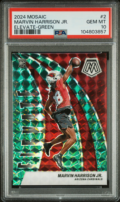 Graded 2024 Panini Mosaic Marvin Harrison Jr #2 Elevate Green Rookie RC Football Card PSA 10 Gem Mint