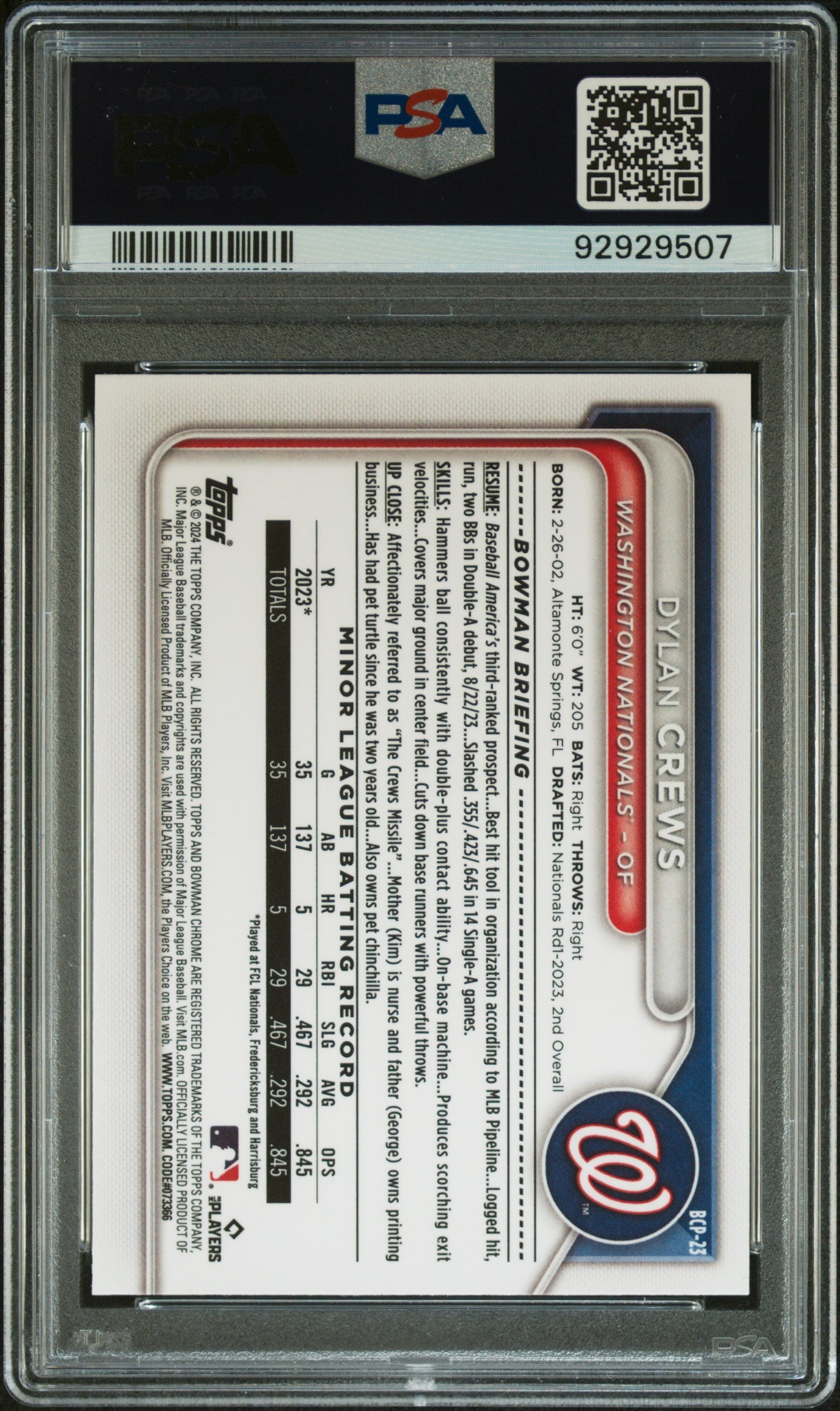 Graded 2024 Topps Bowman Mega Box Dylan Crews #23 Chrome Prospects Rookie RC Baseball Card PSA 10 Gem Mint