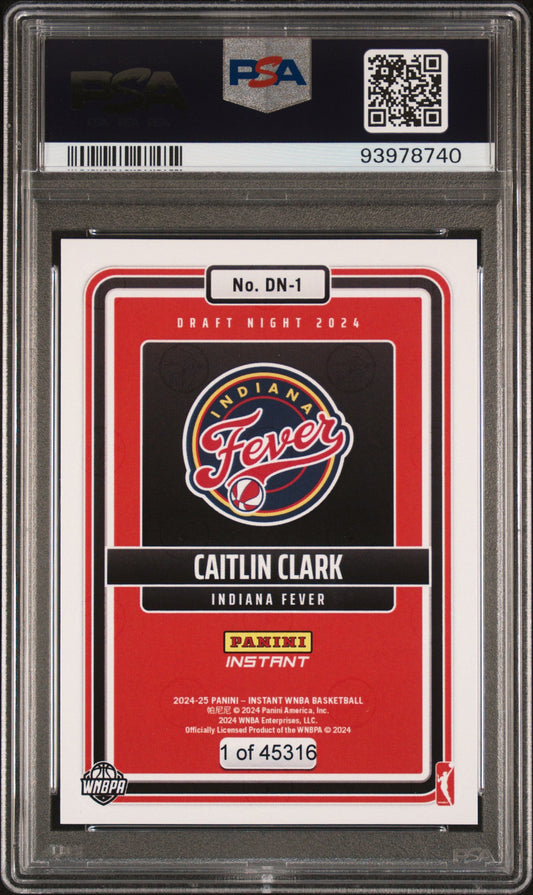 Graded 2024 Panini Instant WNBA Caitlin Clark #DN1 Draft Night Rookie RC Basketball Card PSA 9 Mint
