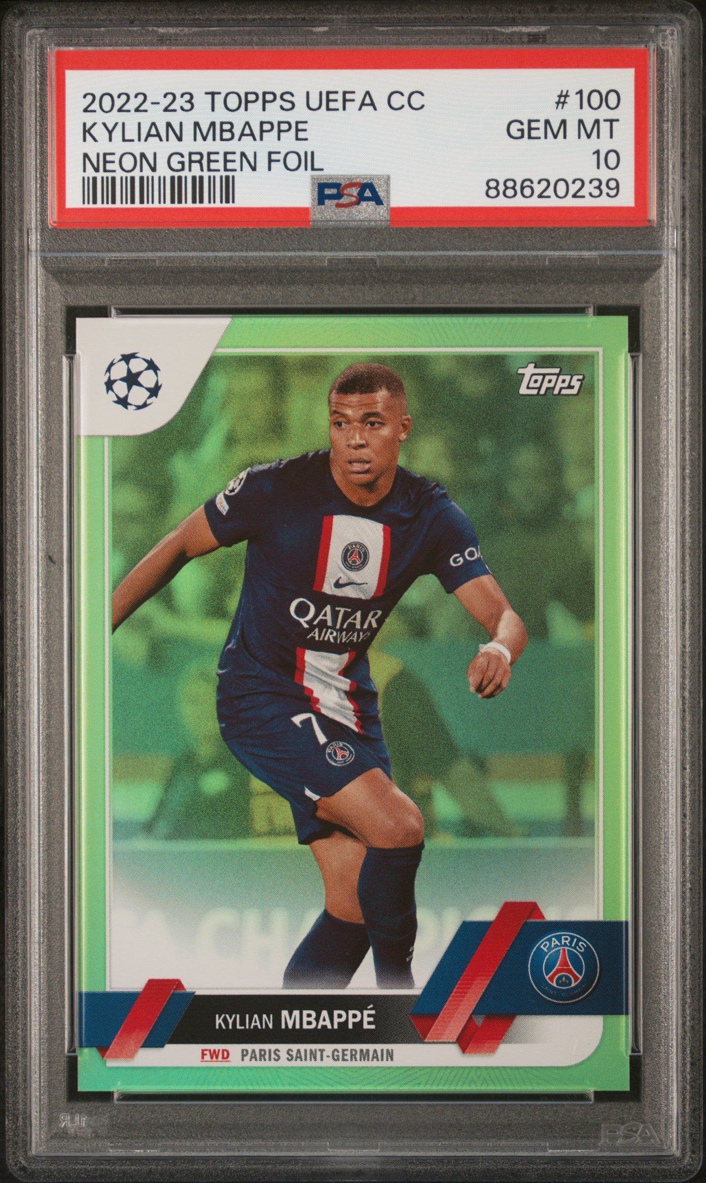Graded 2022 Topps Chrome UCC Kylian Mbappe #100 Neon Green Foil #/199 Soccer Card PSA 10 Gem Mint