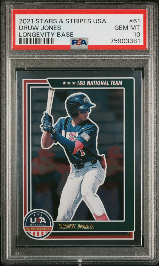 Graded 2021 Panini Stars & Stripes USA Druw Jones #61 Longevity Base Rookie RC Baseball Card PSA 10 Gem Mint
