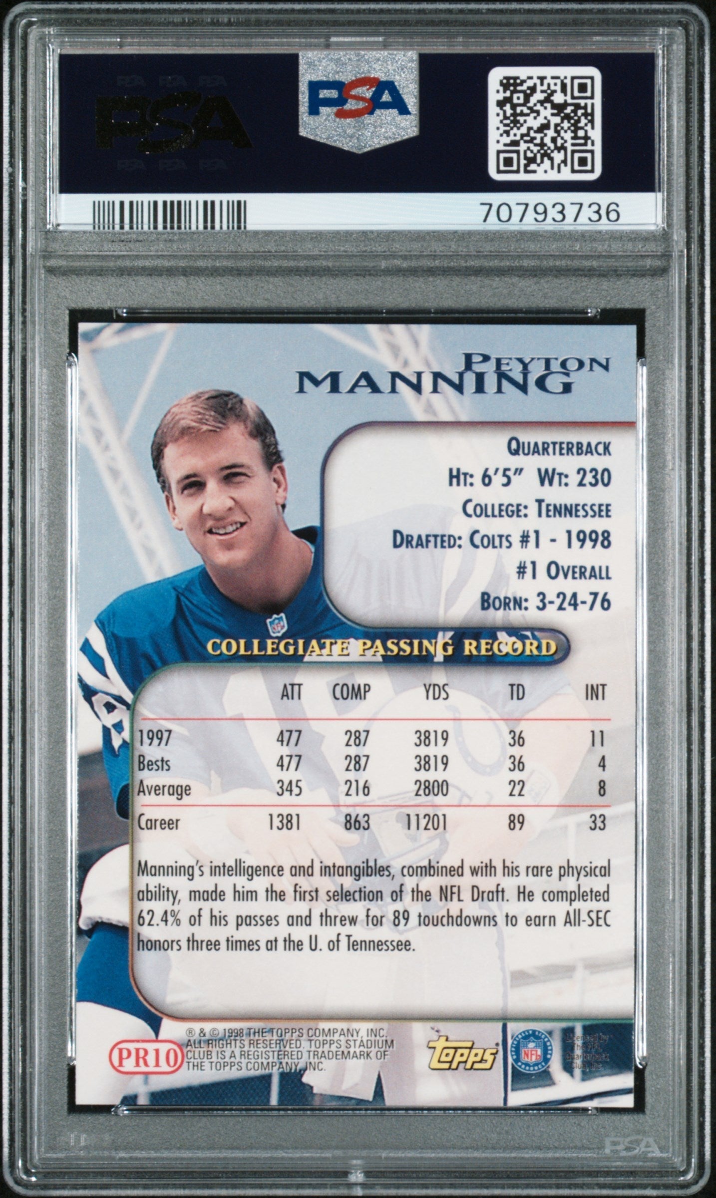 Graded 1998 Topps Stadium Club Peyton Manning #PR10 Prime Rookies Rookie RC Football Card PSA 10 Gem Mint